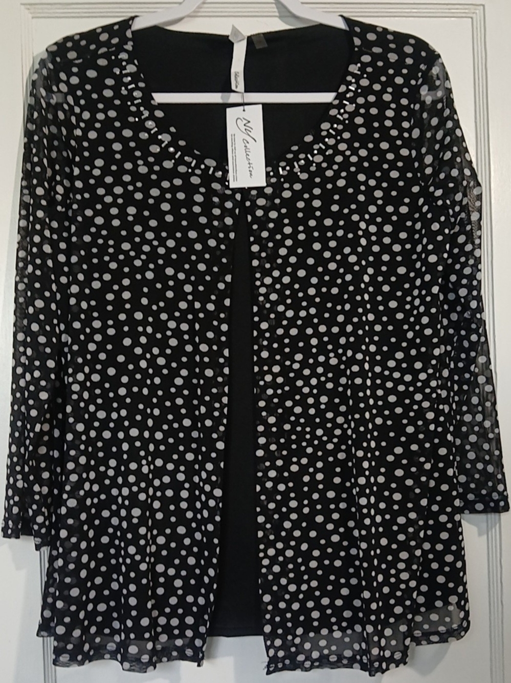 NY Collection Black Sheer Polka Dot Open-Front Blouse